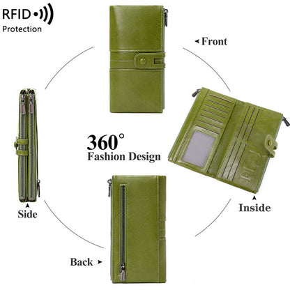 Oil Wax Leather Double Zipper Long European And American New Retro Anti-theft Swiping Women's Wallet