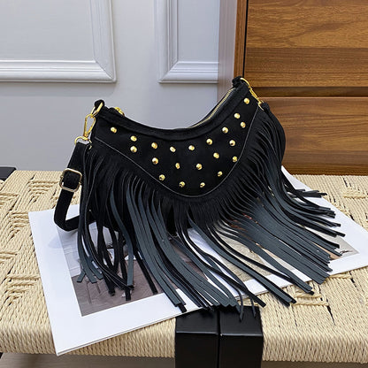 Retro Casual Tassel Large Capacity Rivet Shoulder Messenger Bag