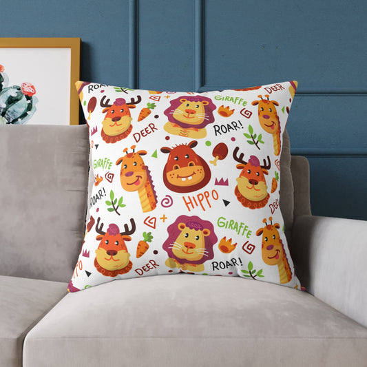 Square Pillow - Colorful Doodle Animals Design