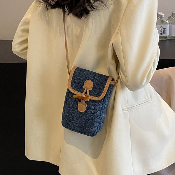 Vertical Denim Mobile Phone Bag Women's Horn Button Shoulder Messenger Bag