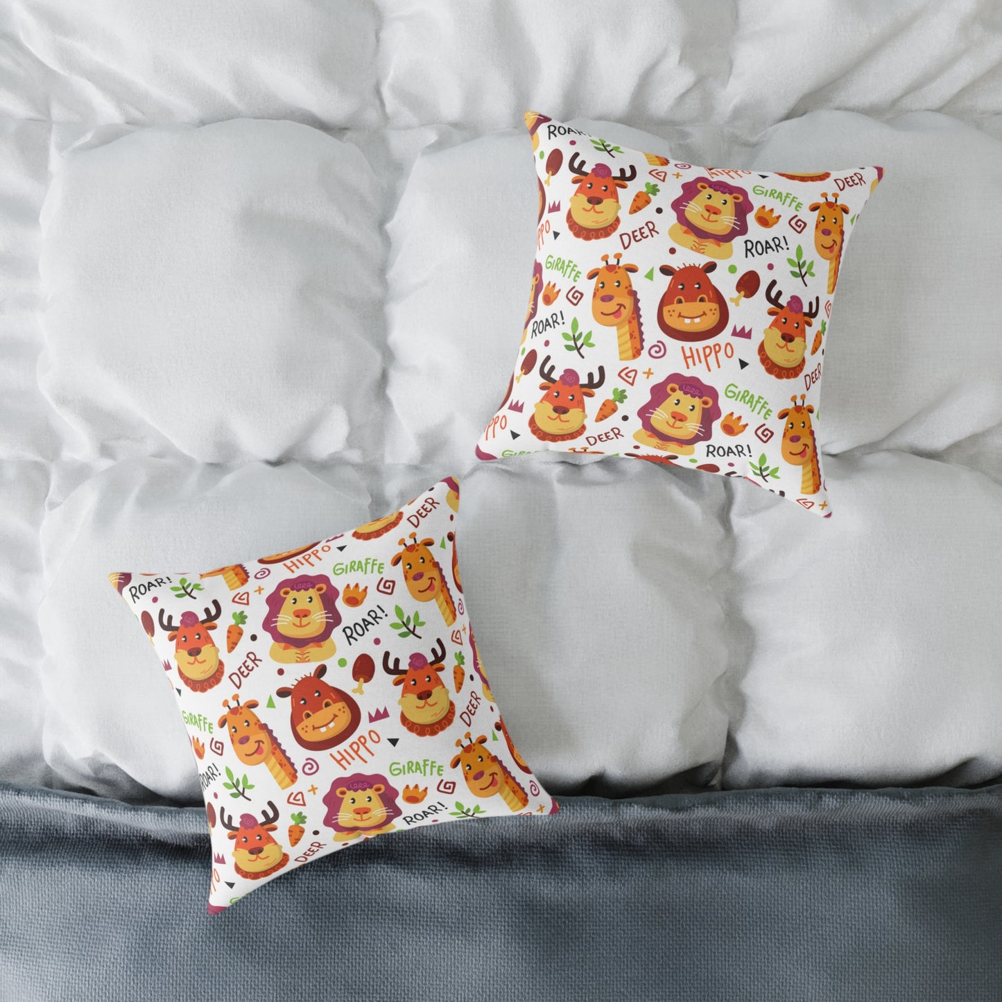 Square Pillow - Colorful Doodle Animals Design