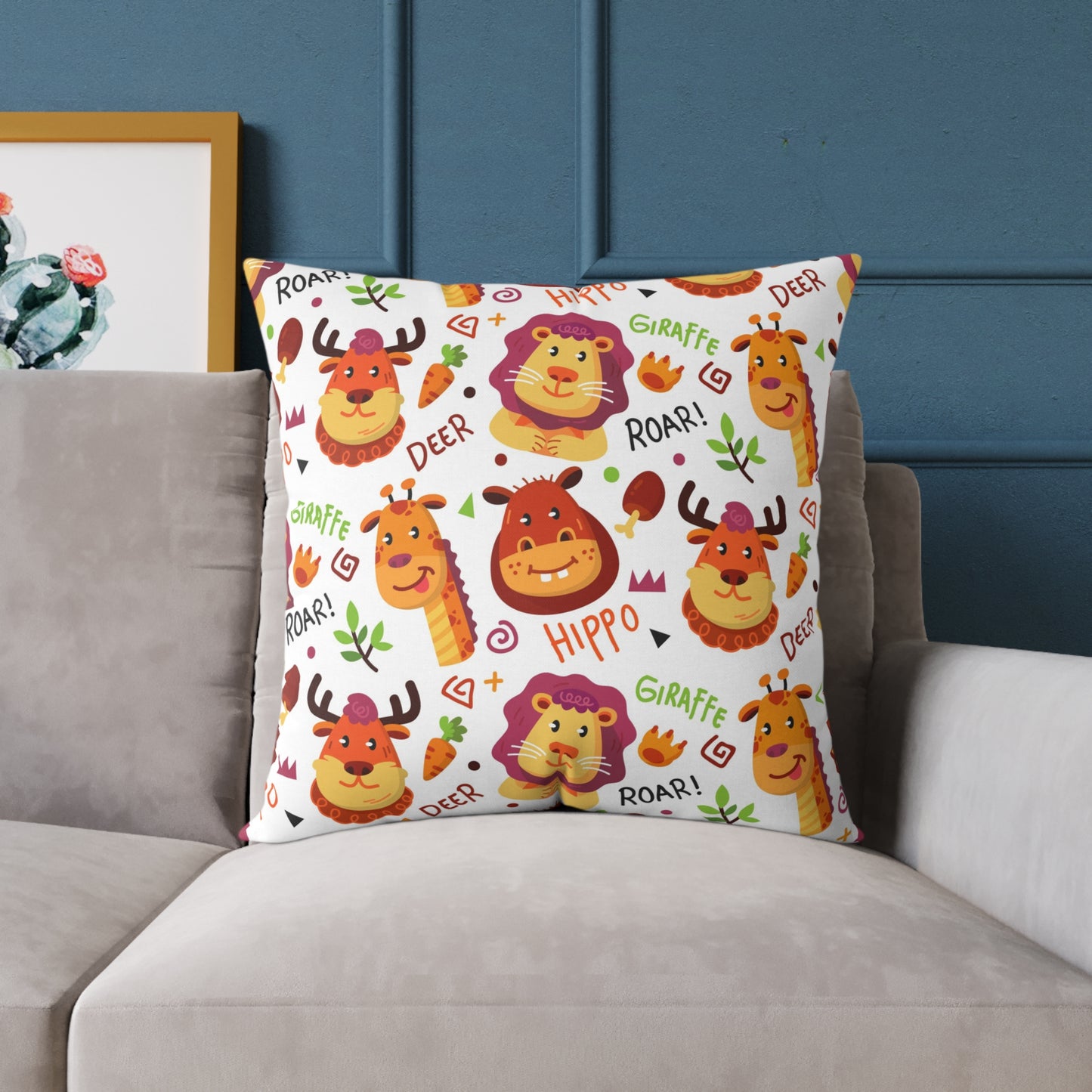 Square Pillow - Colorful Doodle Animals Design