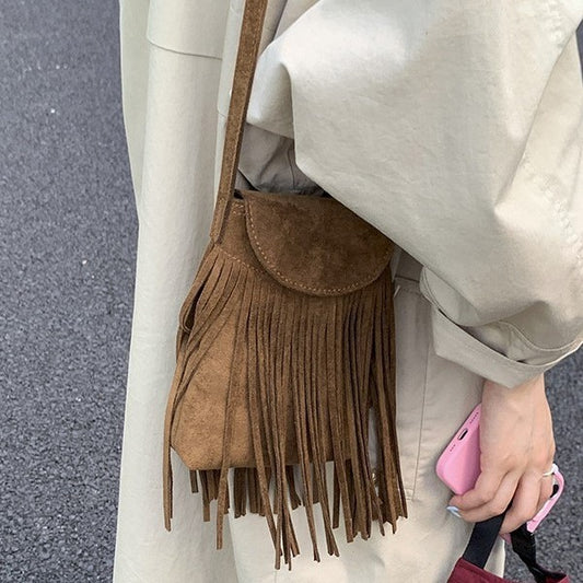 Retro Frosted Suede Tassel Mobile Phone Messenger Bag