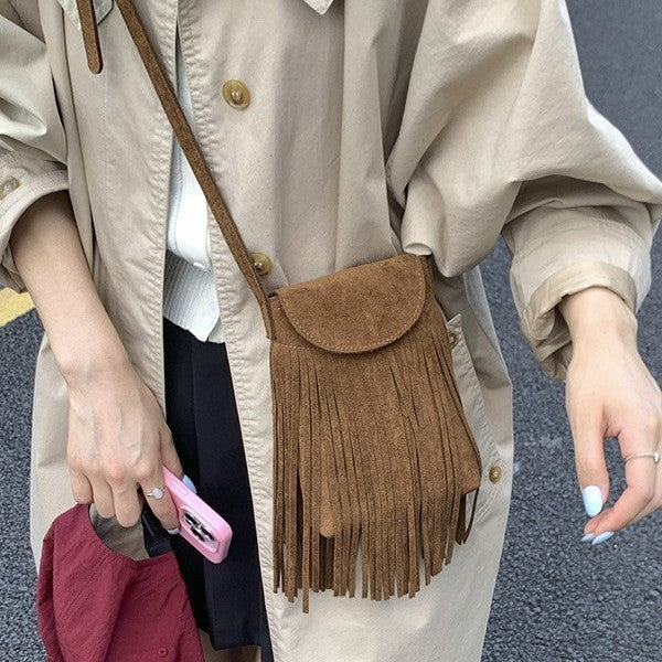 Retro Frosted Suede Tassel Mobile Phone Messenger Bag