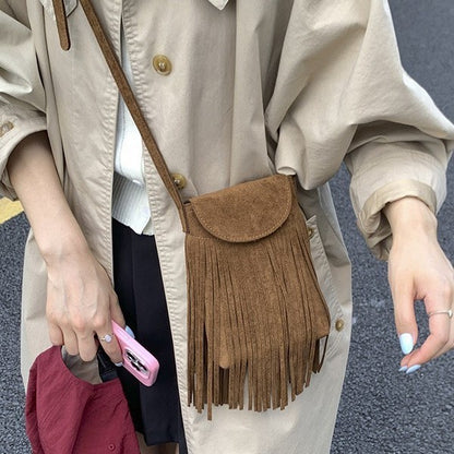 Retro Frosted Suede Tassel Mobile Phone Messenger Bag