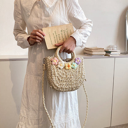 Straw Woven Bag Mori Style Sweet Flowers Hand-carrying Knitting