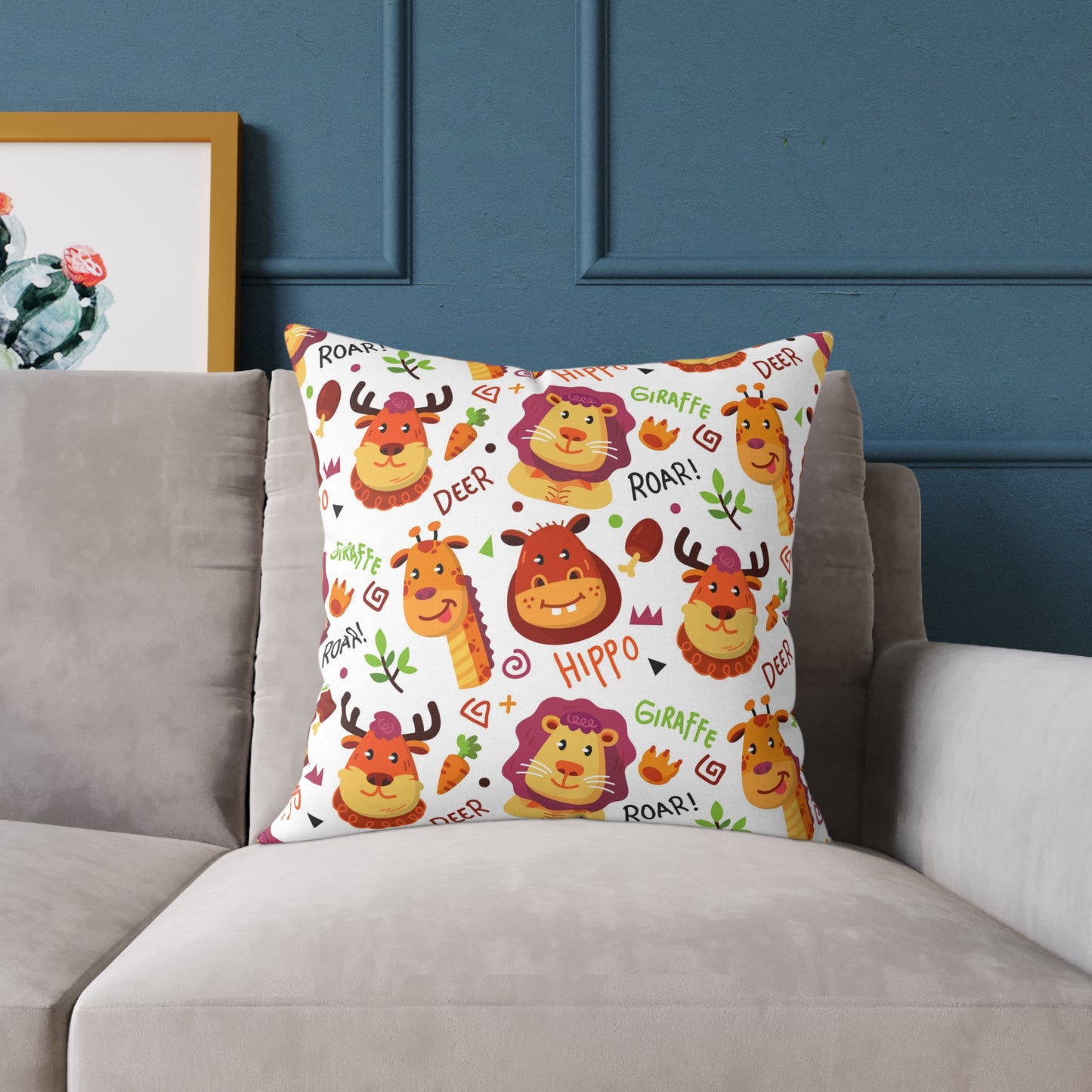 Square Pillow - Colorful Doodle Animals Design