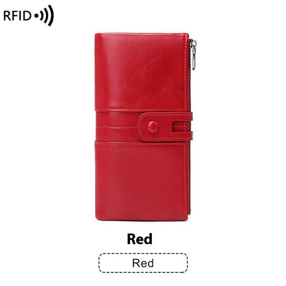 Oil Wax Leather Double Zipper Long European And American New Retro Anti-theft Swiping Women's Wallet