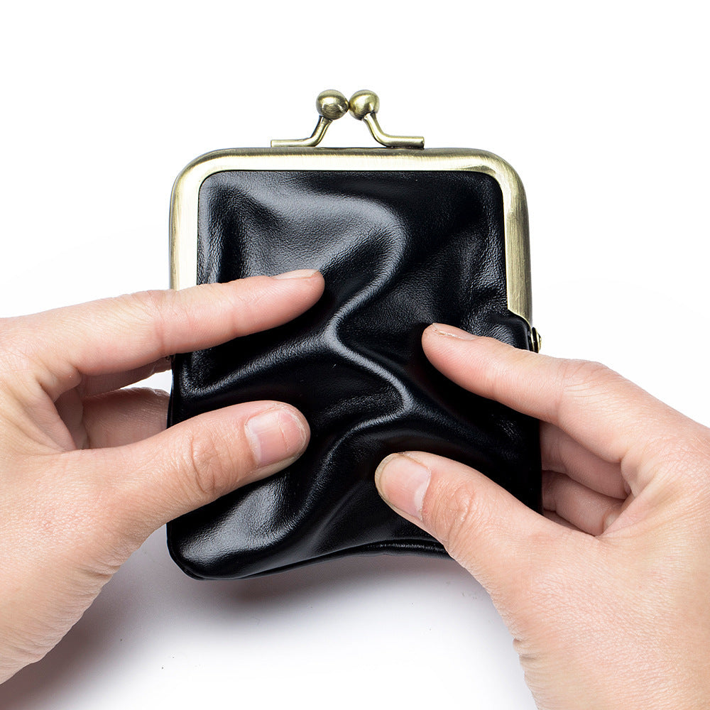 First Layer Oil Wax Cowhide Retro Compact Clip Coin Purse