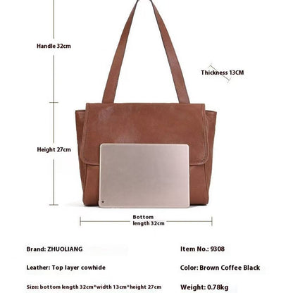 Solid Color Cowhide Tote Bag Simple Commute Shoulder Messenger Bag For Women