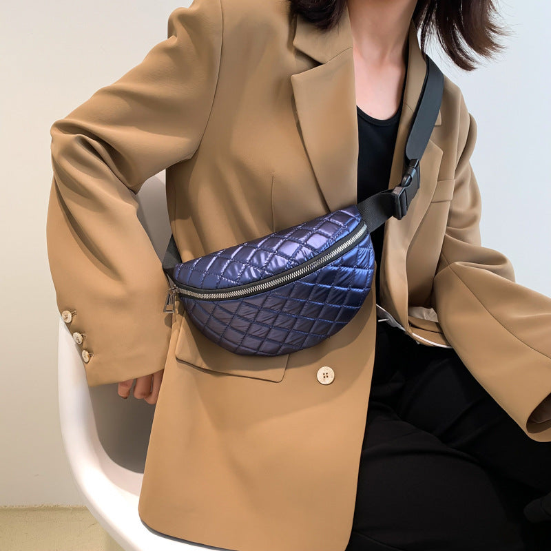 Rhombus Embroidered Line Shoulder Pu Women's Waist Bag