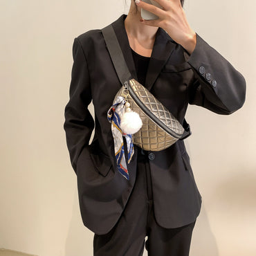 Rhombus Embroidered Line Shoulder Pu Women's Waist Bag