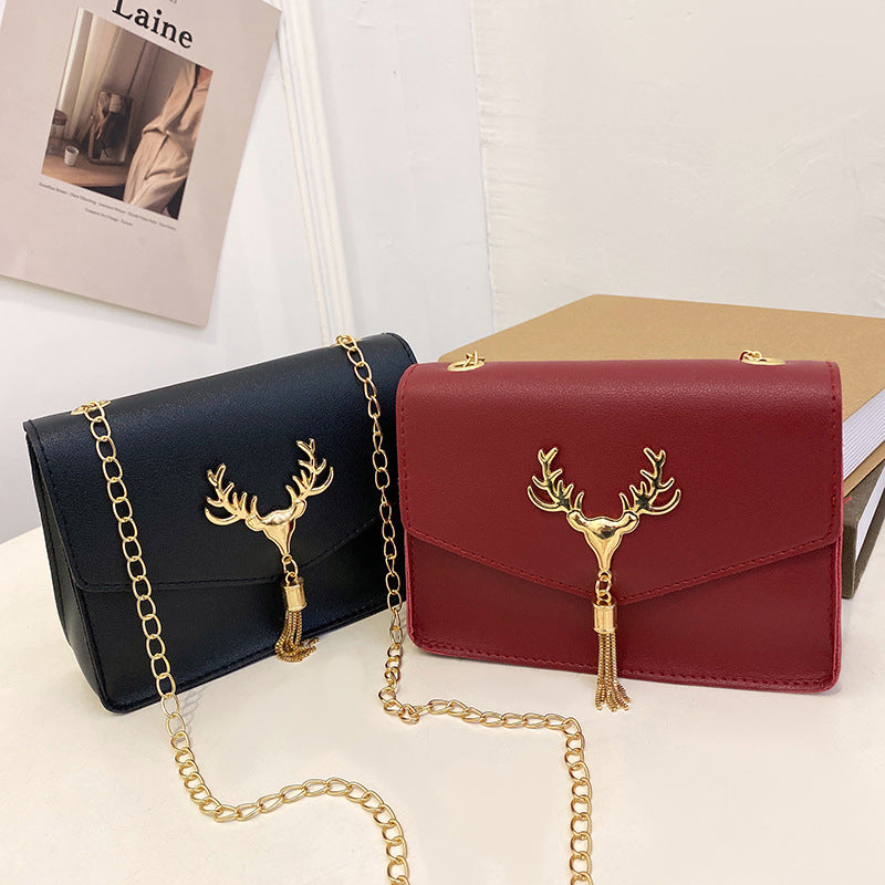 Tassel Deer Head Contrast Color Chain Small Square Leisure Phone Bag