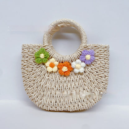 Straw Woven Bag Mori Style Sweet Flowers Hand-carrying Knitting