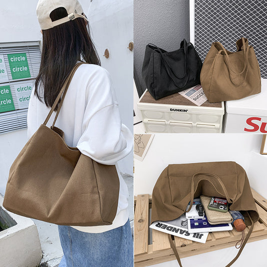 Solid Color Women's Simple Artistic Canvas Handbag Large Capacity Shopping Bag