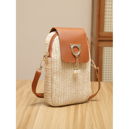Trendy Straw Mobile Phone Pearl Tassel Bag