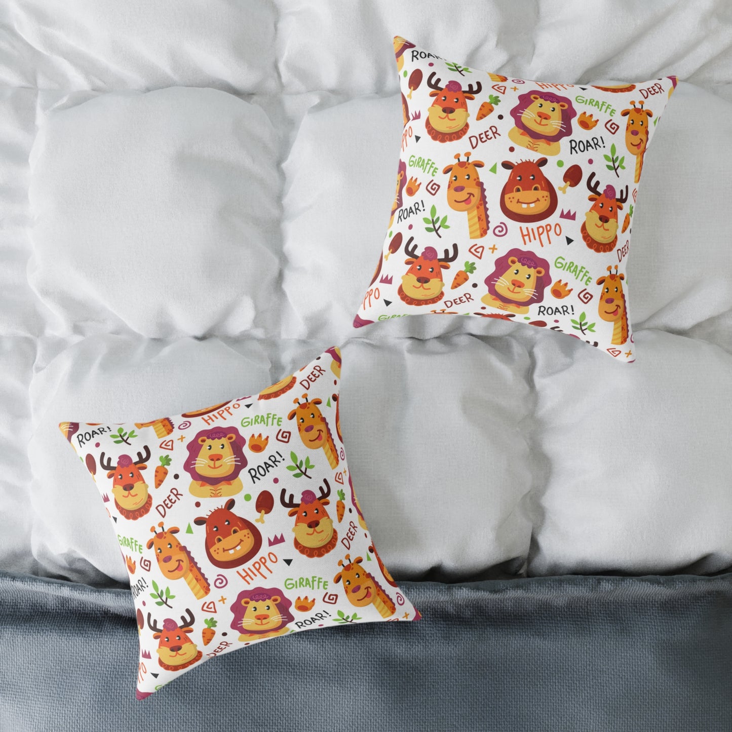 Square Pillow - Colorful Doodle Animals Design