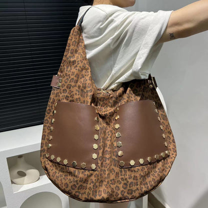 Women's Retro Leopard Print Bag Large Capacity Patchwork Handbag