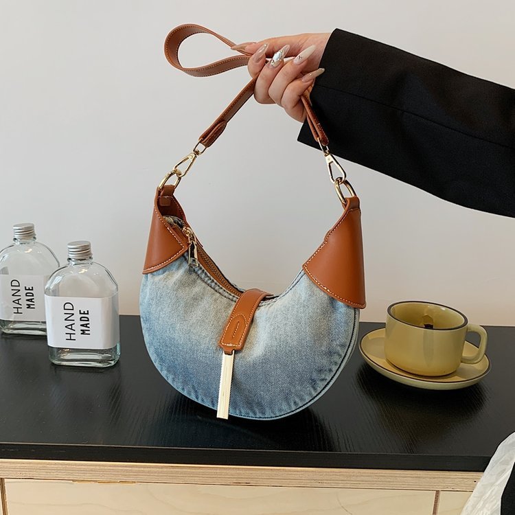 Denim Retro Contrast Color Shoulder Selenodont Crossbody Bag
