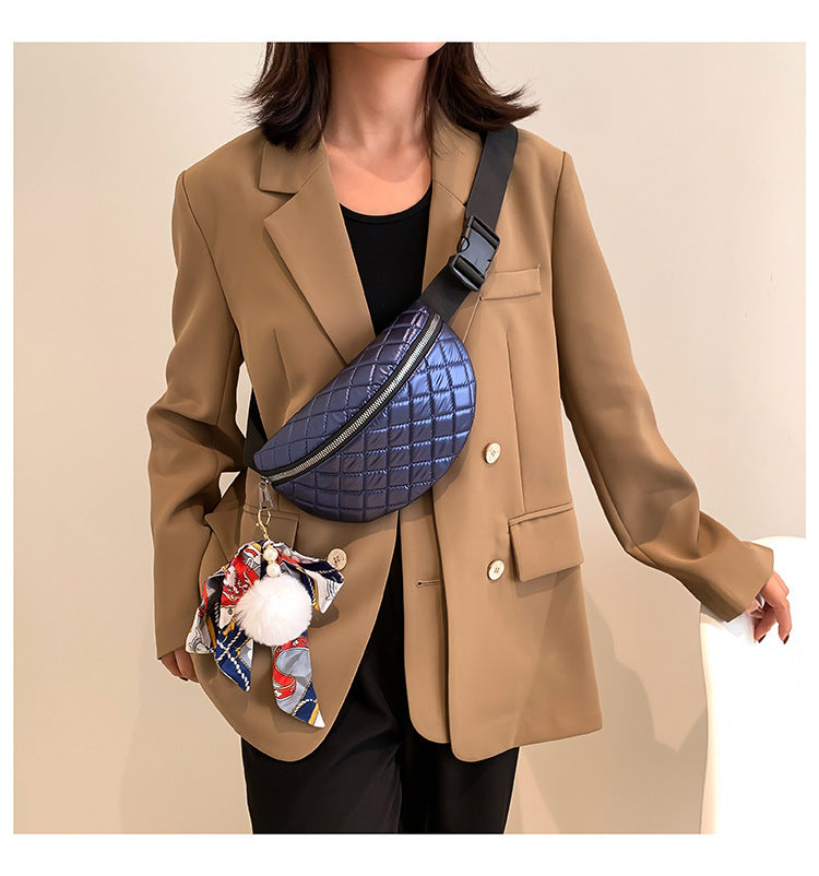 Rhombus Embroidered Line Shoulder Pu Women's Waist Bag