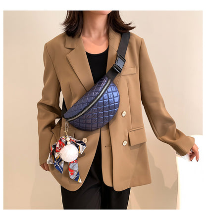 Rhombus Embroidered Line Shoulder Pu Women's Waist Bag