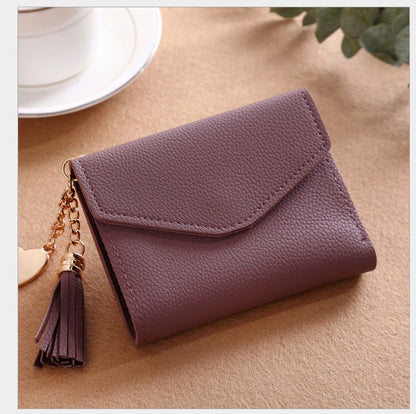 Women's short Korean version of the bag Tassel pendant lychee wallet multi-card position Clutch bag