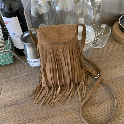 Retro Frosted Suede Tassel Mobile Phone Messenger Bag