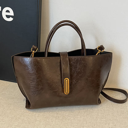 Simple Elegant Oil Wax Leather Portable Bucket Bag