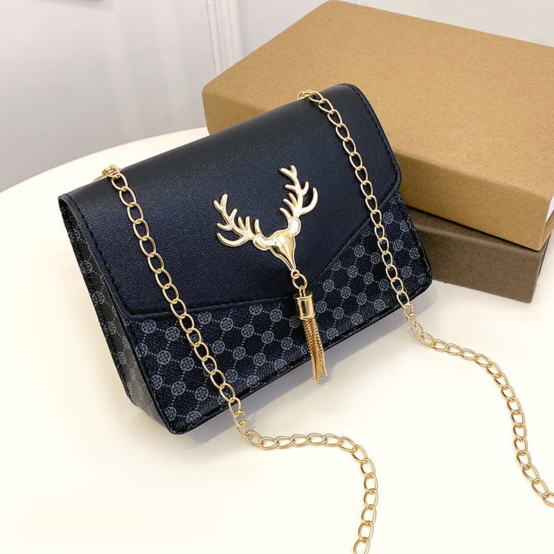 Tassel Deer Head Contrast Color Chain Small Square Leisure Phone Bag