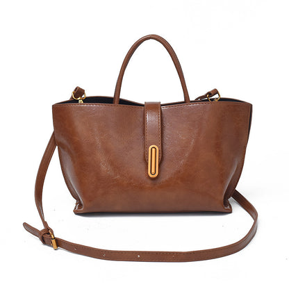 Simple Elegant Oil Wax Leather Portable Bucket Bag