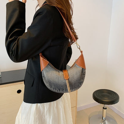 Denim Retro Contrast Color Shoulder Selenodont Crossbody Bag
