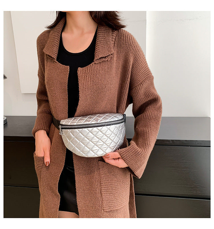 Rhombus Embroidered Line Shoulder Pu Women's Waist Bag