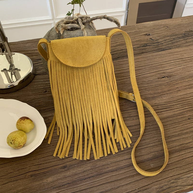 Retro Frosted Suede Tassel Mobile Phone Messenger Bag