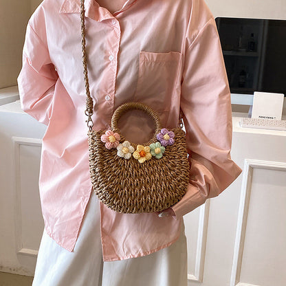 Straw Woven Bag Mori Style Sweet Flowers Hand-carrying Knitting