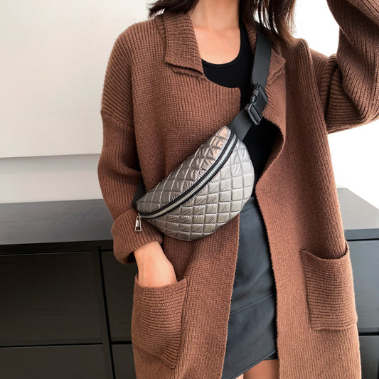 Rhombus Embroidered Line Shoulder Pu Women's Waist Bag