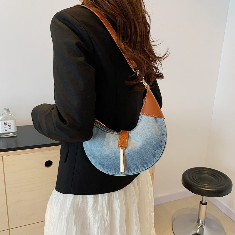 Denim Retro Contrast Color Shoulder Selenodont Crossbody Bag
