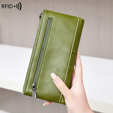 Oil Wax Leather Double Zipper Long European And American New Retro Anti-theft Swiping Women's Wallet
