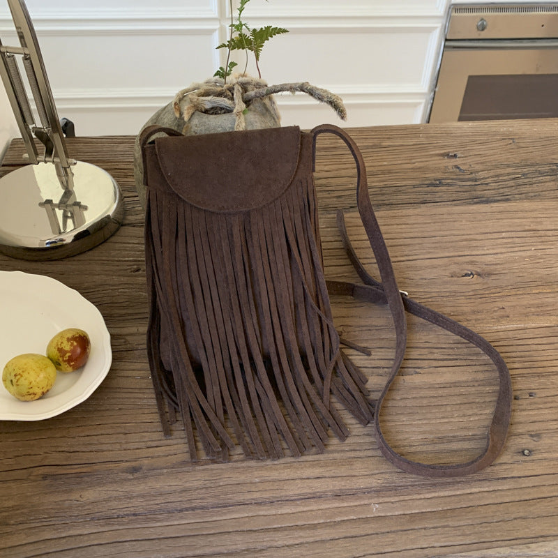 Retro Frosted Suede Tassel Mobile Phone Messenger Bag
