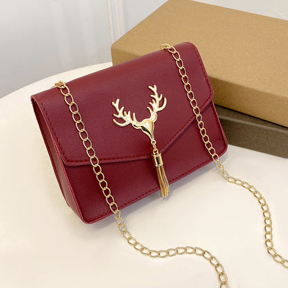 Tassel Deer Head Contrast Color Chain Small Square Leisure Phone Bag
