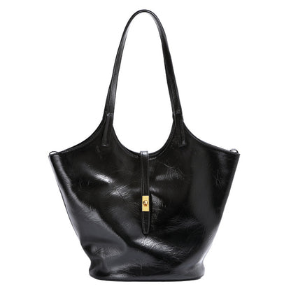 Niche Premium Black Large Capacity Leather One-shoulder Bucket Bag