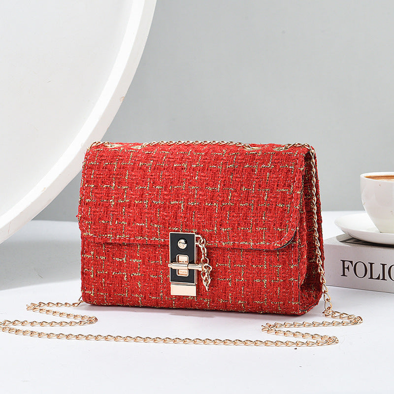 Woolen Twist Lock Shoulder Bag Versatile Women's Bag Gold Silk Contrast Color