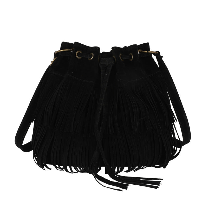 New European And American Simple Retro Tassel Drawstring Bucket Bag