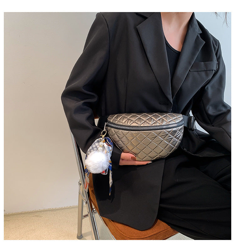 Rhombus Embroidered Line Shoulder Pu Women's Waist Bag