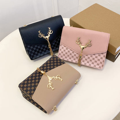 Tassel Deer Head Contrast Color Chain Small Square Leisure Phone Bag