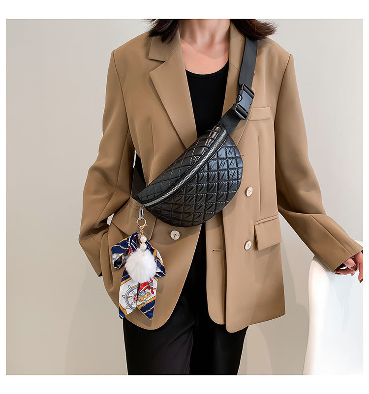 Rhombus Embroidered Line Shoulder Pu Women's Waist Bag