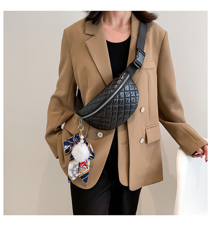 Rhombus Embroidered Line Shoulder Pu Women's Waist Bag