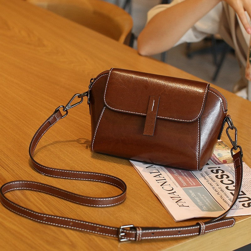 Women's Simple Oil Wax Cowhide Shell Messenger Bag
