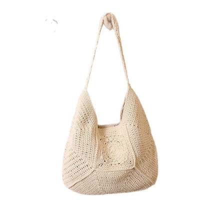 Large Capacity Cotton Braided Grandma Plaid Straw Woven Vacation Beach Versatile Women's Bag