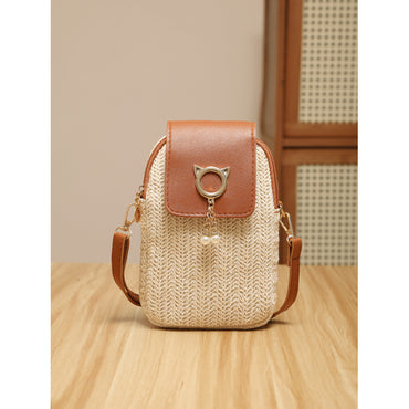 Trendy Straw Mobile Phone Pearl Tassel Bag