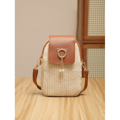Trendy Straw Mobile Phone Pearl Tassel Bag